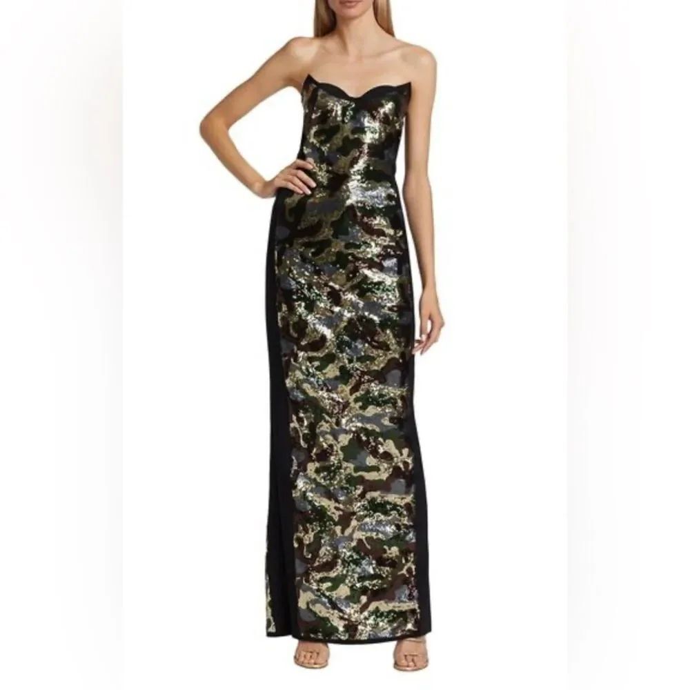Chiara Boni Black W/ Green & Gold Camo Sequins Strapless Gown Sz 2/4